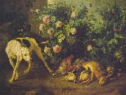 Francois Desportes Dog Guarding Game near a Rosebush oil painting